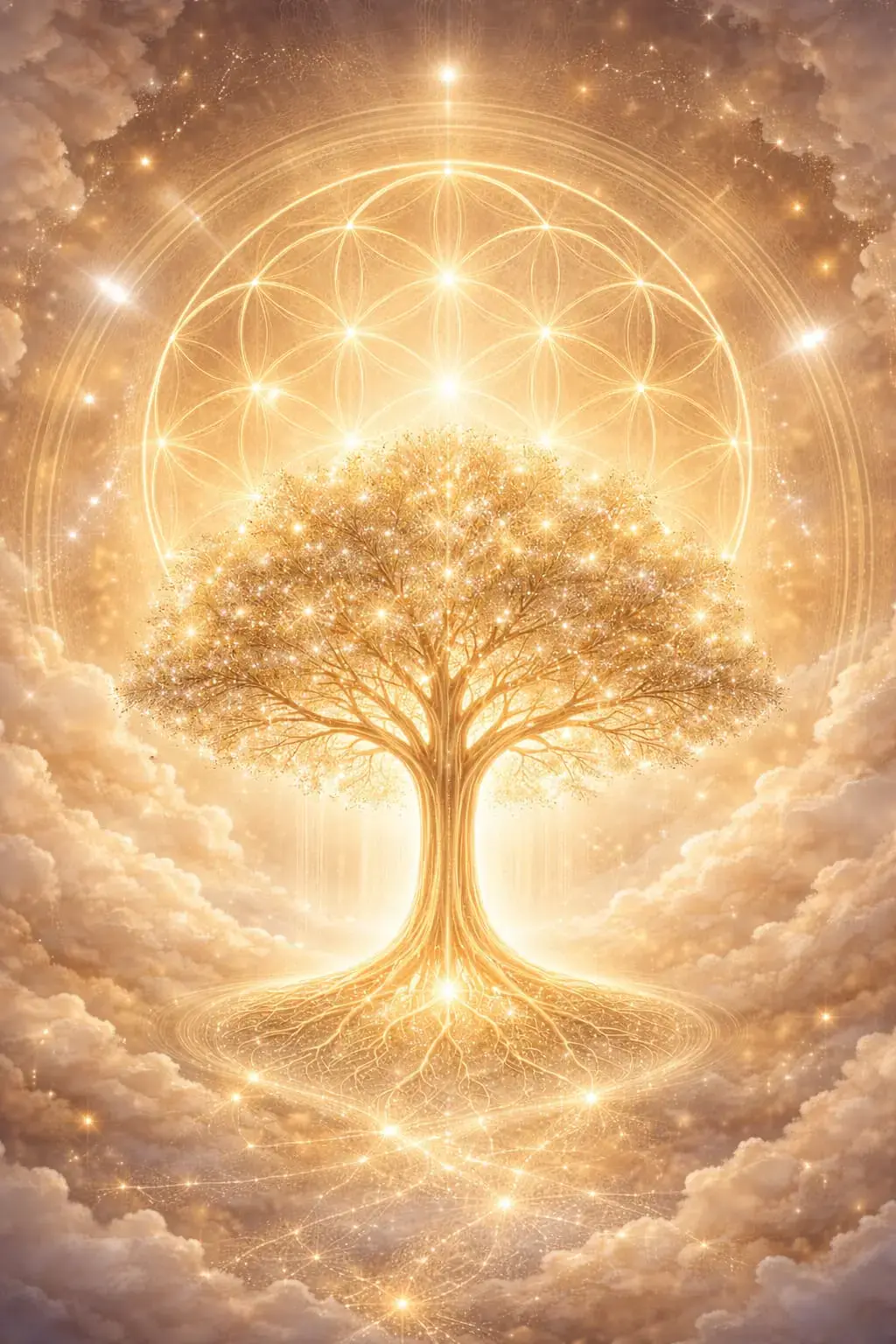 Árvore da Vida dourada entre luzes celestiais