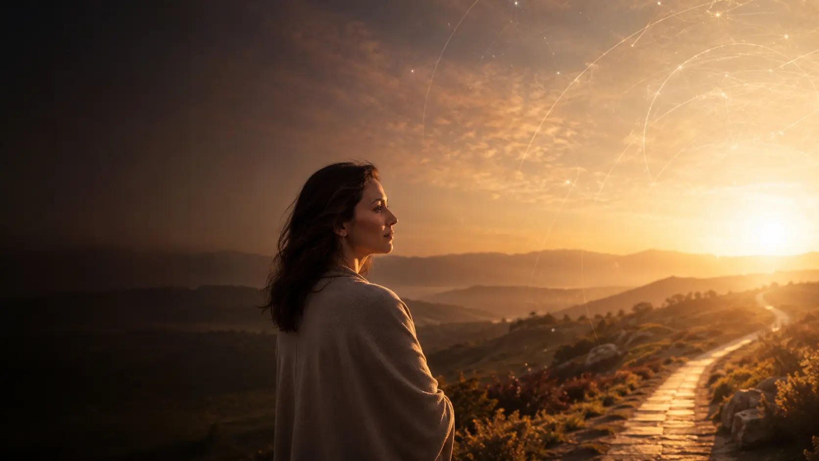Mulher contemplando um caminho luminoso que representa autoconhecimento e propósito
