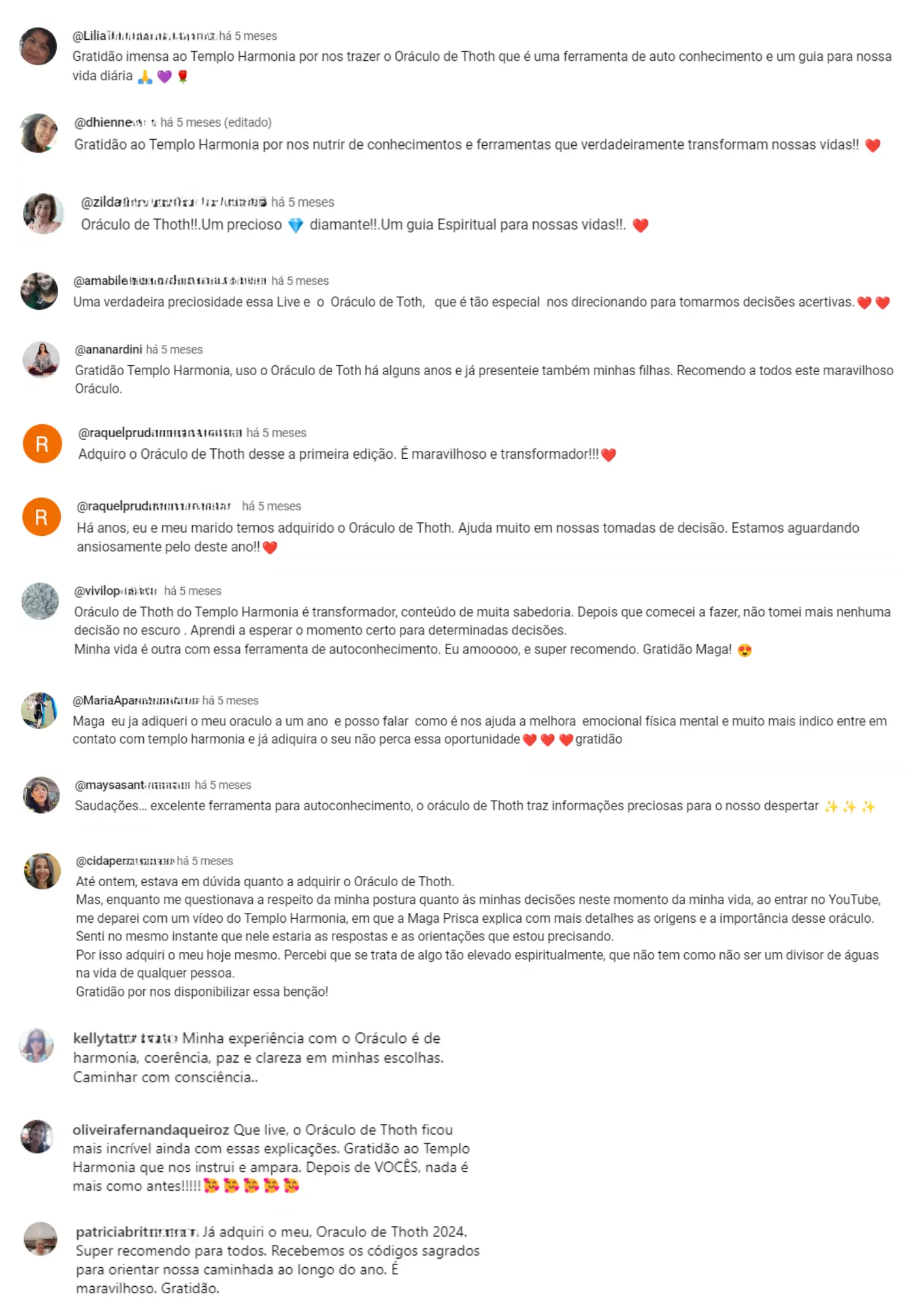 Comentários de participantes sobre o Oráculo de Thoth