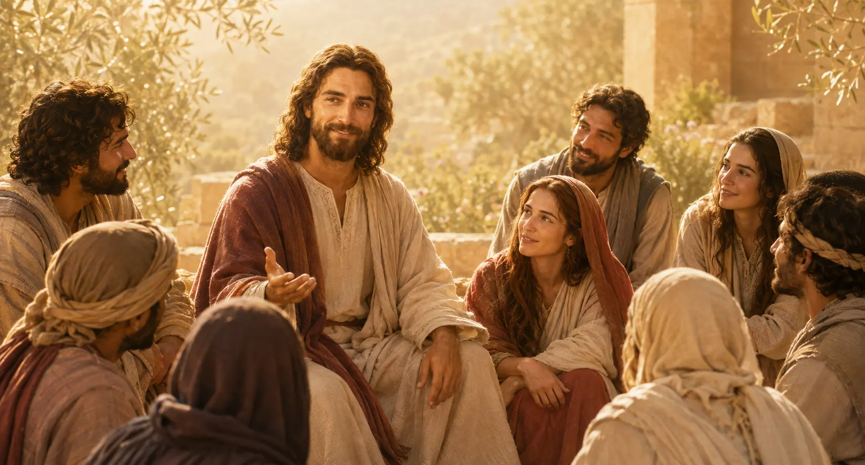 Representação artística de Jesus ensinando a discípulos homens e mulheres, incluindo Maria Madalena