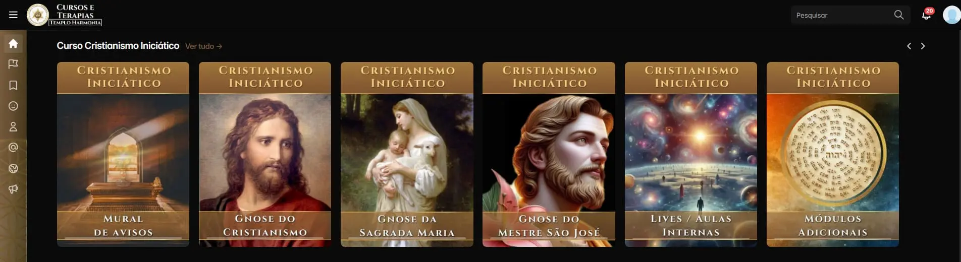Plataforma do curso Cristianismo Iniciático do Templo Harmonia com seus núcleos de estudo