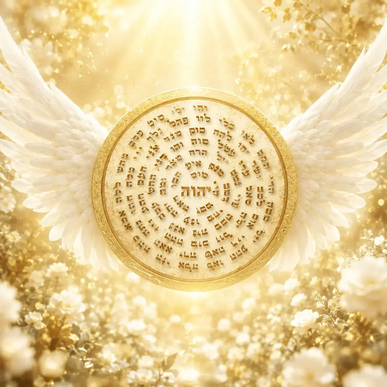 Medalhão dourado com inscrições hebraicas e asas de luz