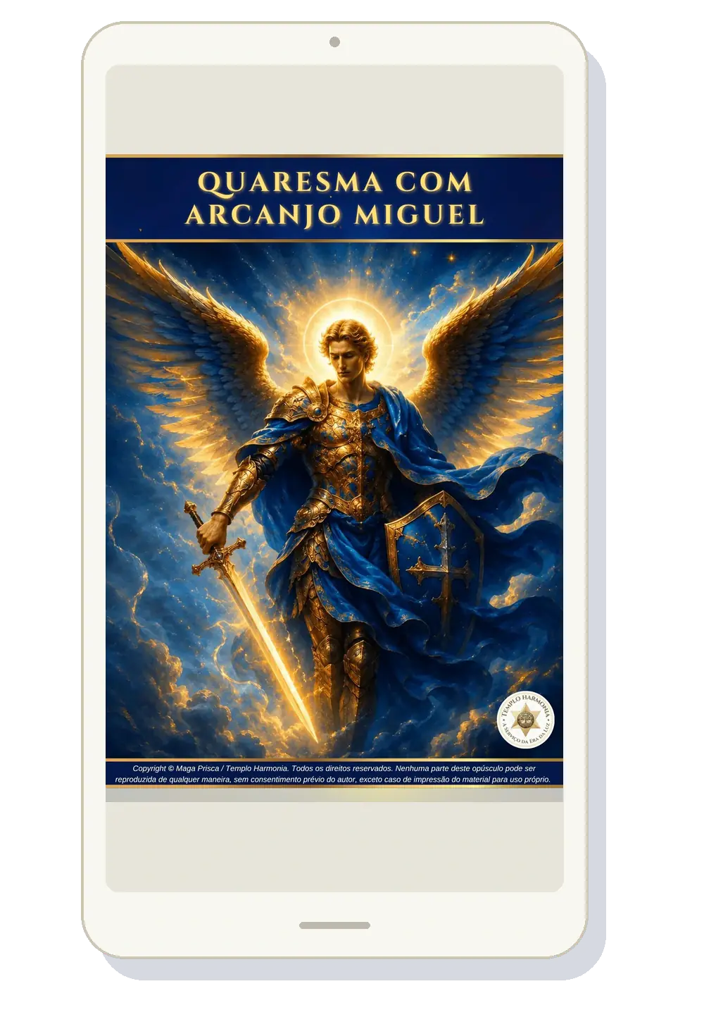 Opúsculo digital da Quaresma com Arcanjo Miguel exibido em tablet