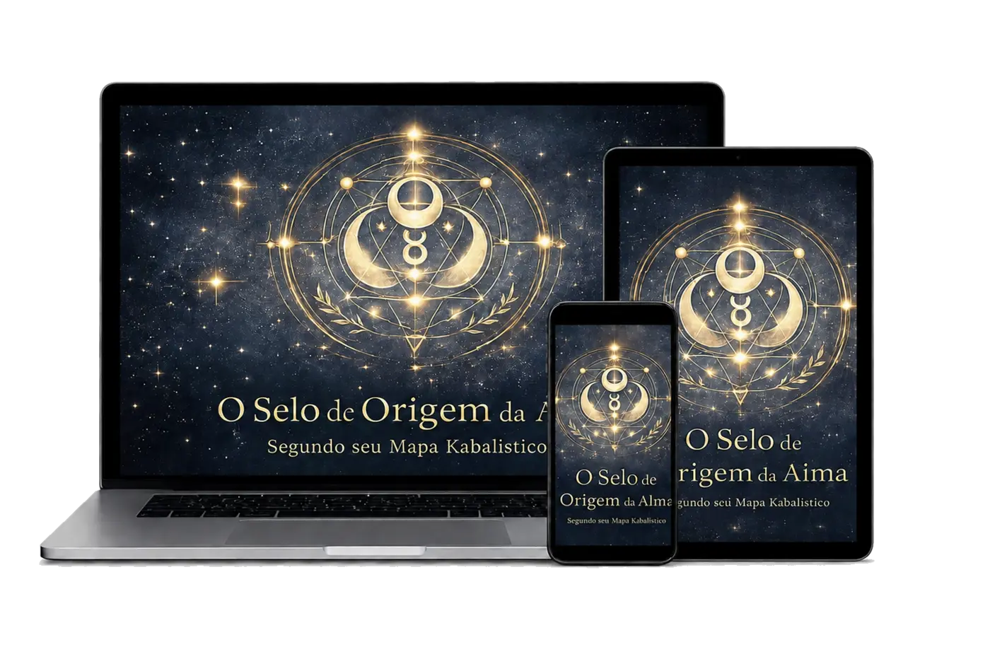 Selo de Origem da Alma exibido em computador, tablet e celular
