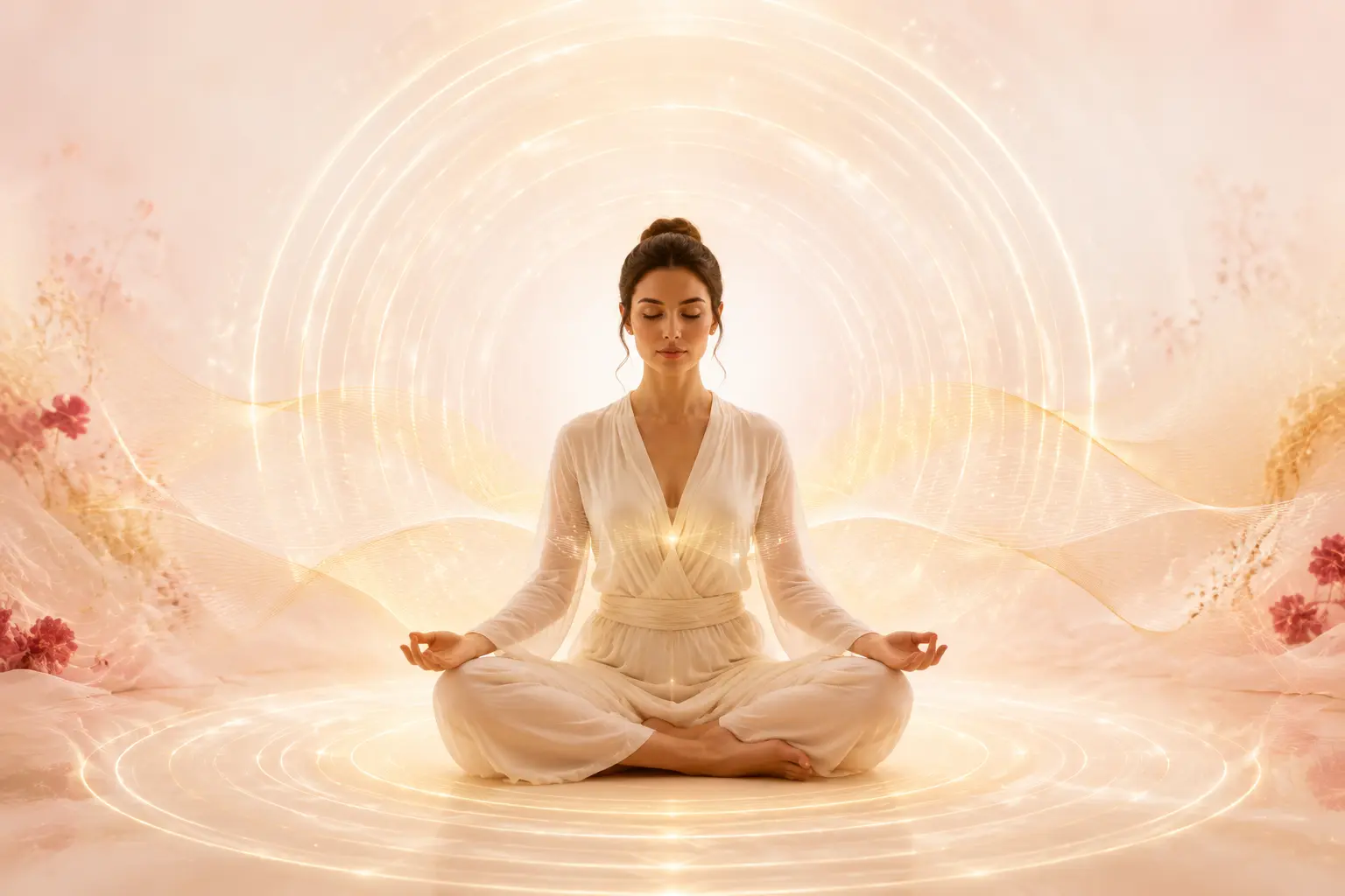 Mulher meditando entre ondas luminosas de ressonância