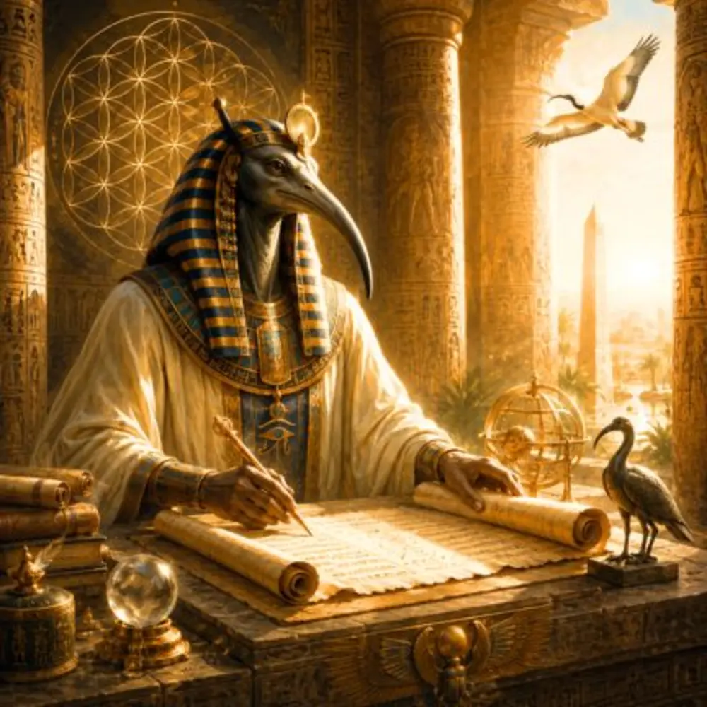 Thoth escrevendo diante dos símbolos da sabedoria egípcia
