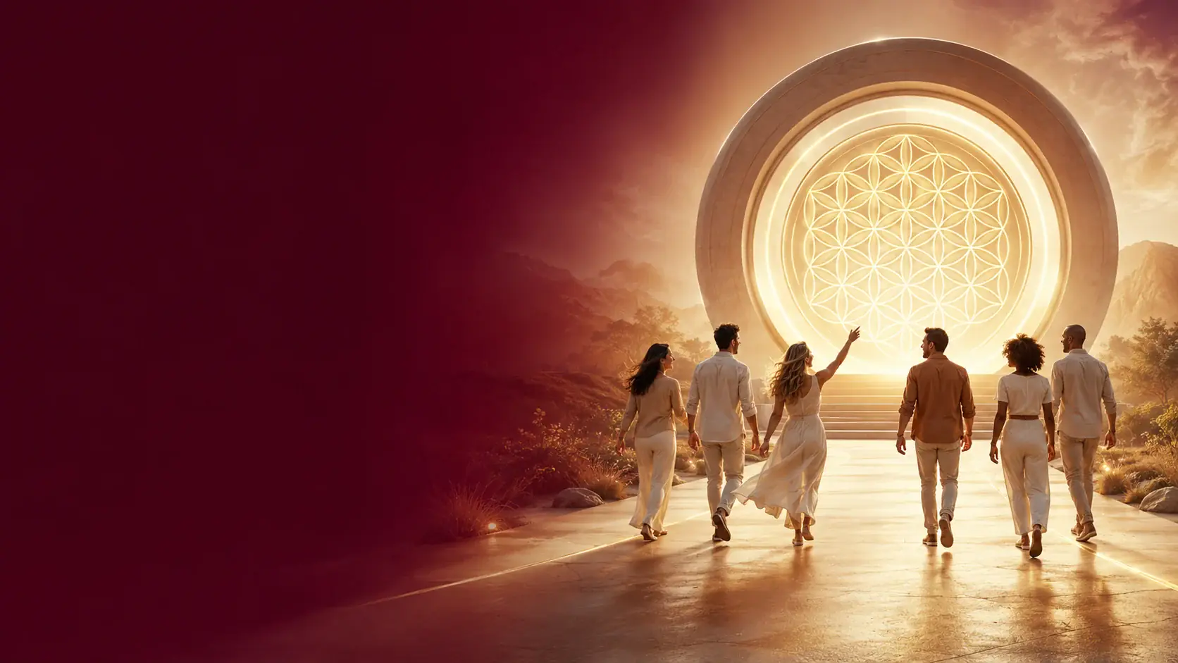 Pessoas felizes percorrendo um caminho até um portal iluminado com a Flor da Vida — Destaques do Templo Harmonia