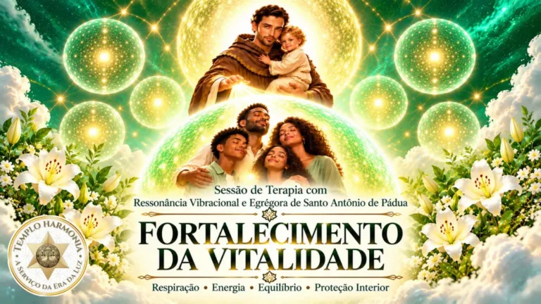 Santo Antônio de Pádua com o Menino Jesus irradiando luz sobre uma família, envolvida por geometria sagrada, na Terapia de Fortalecimento da Vitalidade.