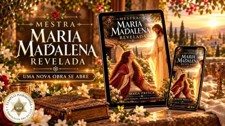 Divulgação da nova edição de Mestra Maria Madalena Revelada, de Maga Prisca, com a capa da obra apresentada em tablet e celular. Copiar