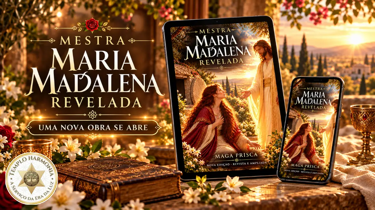 Divulgação da nova edição de Mestra Maria Madalena Revelada, de Maga Prisca, com a capa da obra apresentada em tablet e celular. Copiar
